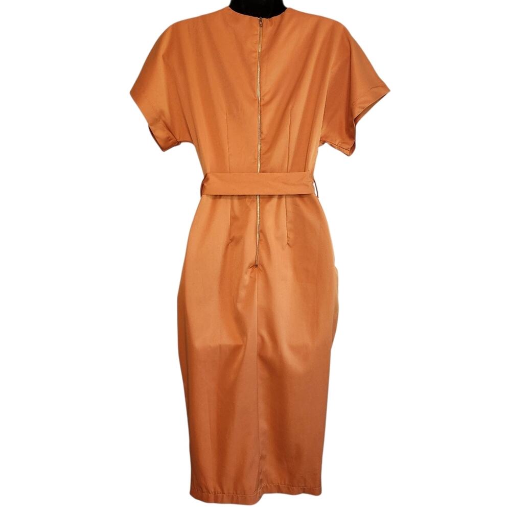 Favlux solid belted faux wrap dress golden yellow size S - Picture 3 of 10
